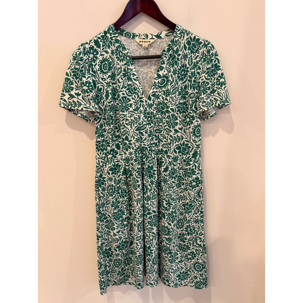 Boden Green White Floral V-Neck Jersey Dress with Pockets US 8R
